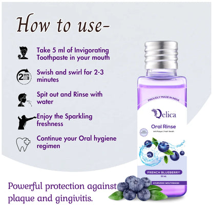 Qelica Mouthwash with Vitamin-E Kills 99.0% Germs - French Blueberry  (50 ml)