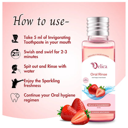 Qelica Mouthwash with Vitamin-E Kills 99.0% Germs - Wild Strawberry  (50 ml)