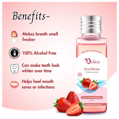 Qelica Mouthwash with Vitamin-E Kills 99.0% Germs - Wild Strawberry  (50 ml)