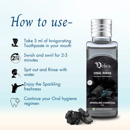 Qelica Mouthwash with Vitamin-E Kills 99.0% - Sprakling Charcoal  (50 ml)