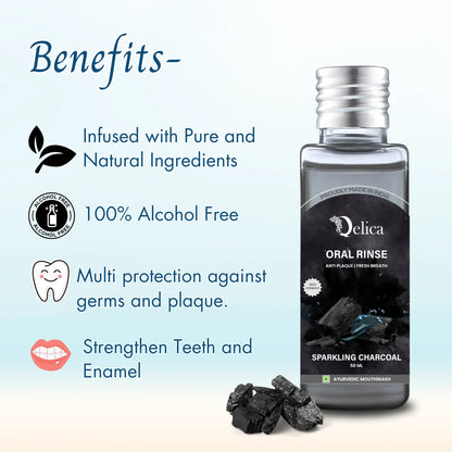 Qelica Mouthwash with Vitamin-E Kills 99.0% - Sprakling Charcoal  (50 ml)